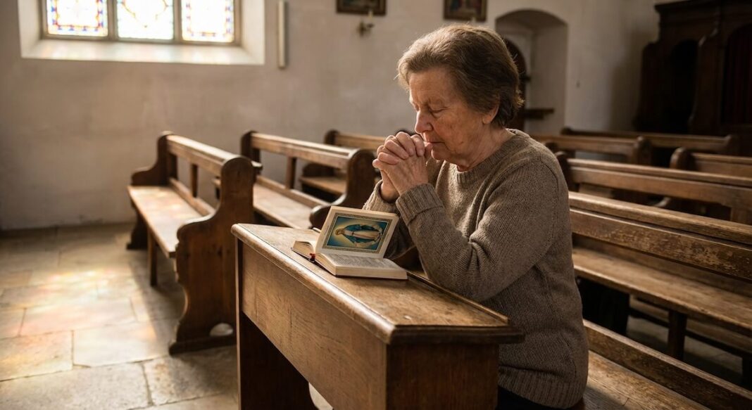 kobieta odmawiająca różaniec święty