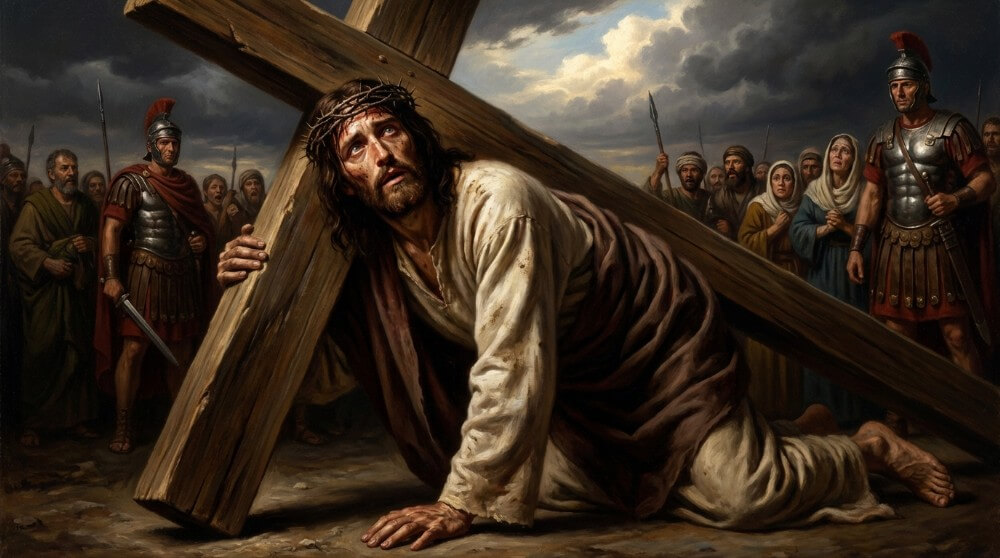 Stacja III Drogi Krzyżowej - Pierwszy upadek Jezusa pod ciężarem krzyża.