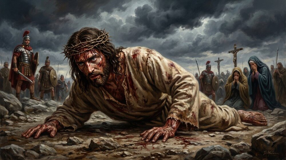 Stacja IX Drogi Krzyżowej - Jezus upada po raz trzeci, tuż przed Golgotą.