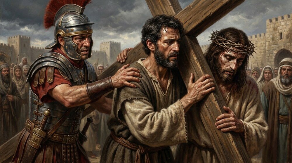 Stacja V Drogi Krzyżowej - Szymon z Cyreny przymuszony do pomocy w dźwiganiu krzyża.