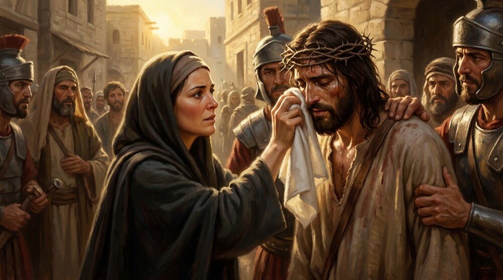 Stacja VI Drogi Krzyżowej - Weronika z odwagą ociera twarz cierpiącego Jezusa.