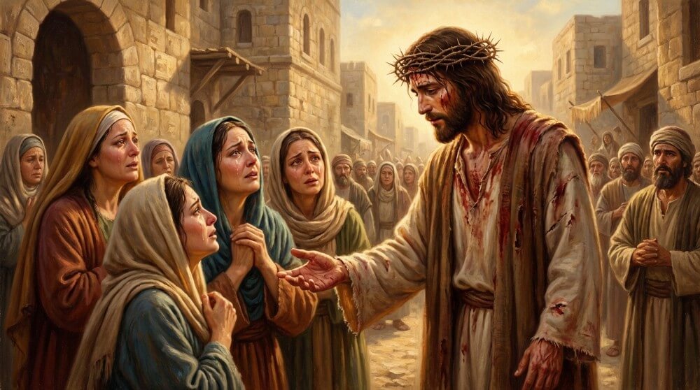 Stacja VIII Drogi Krzyżowej - Jezus pociesza płaczące córki jerozolimskie.