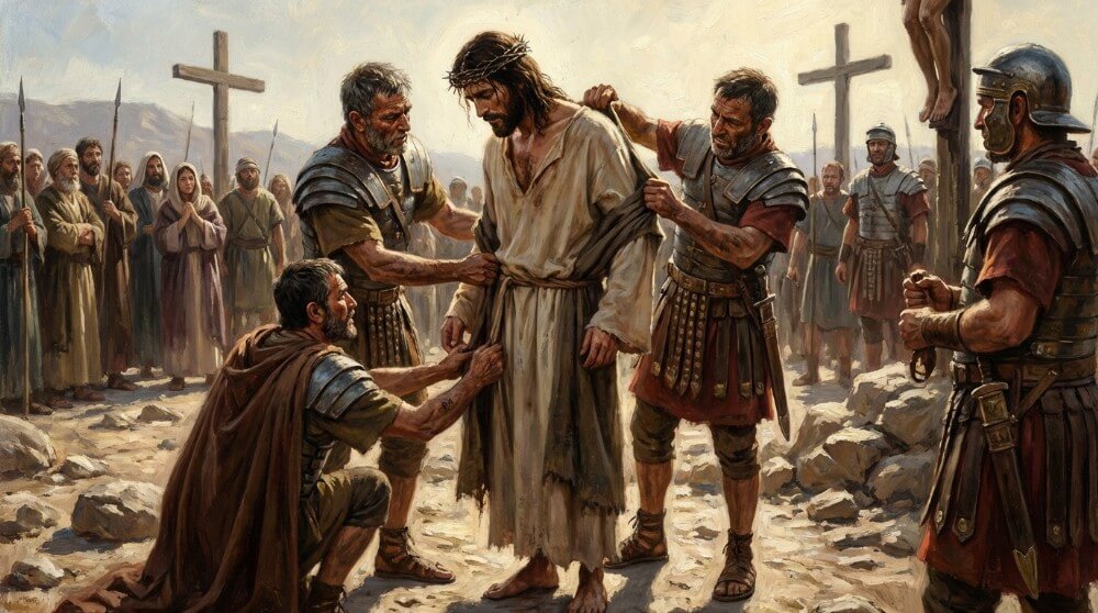 Stacja X Drogi Krzyżowej - Jezus zostaje w upokorzeniu obnażony z szat.