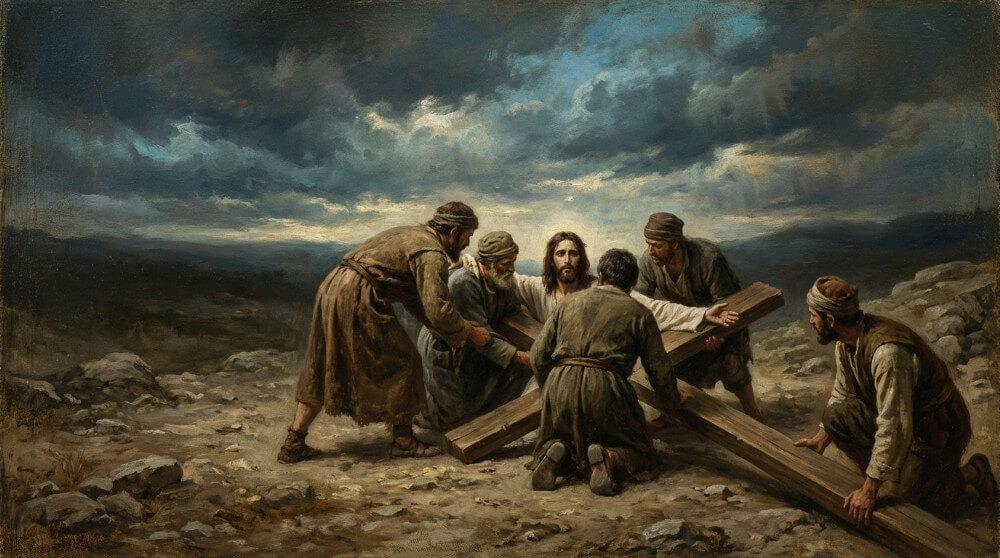 Stacja XI Drogi Krzyżowej - Okrutny moment przybicia Jezusa do krzyża.