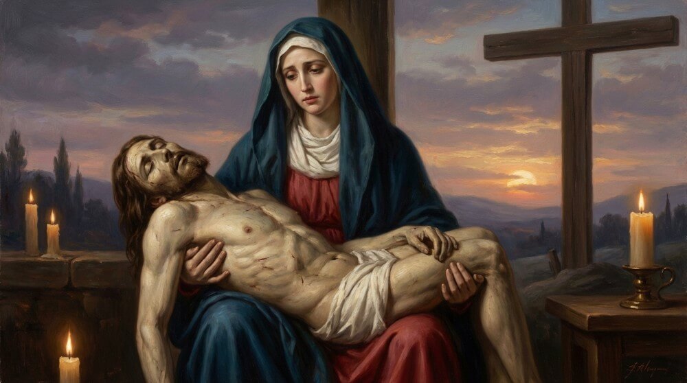 Stacja XIII Drogi Krzyżowej - Ciało Jezusa zostaje zdjęte z krzyża i złożone w ramionach Matki.