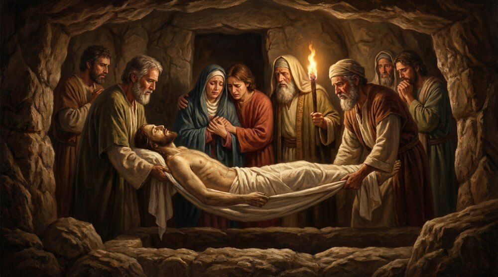 Stacja XIV Drogi Krzyżowej - Ciało Jezusa zostaje uroczyście złożone w grobie.